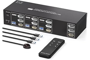 PVBCTCSID 8K60Hz HDMI Displayport KVM Switch 3 PC 3 Monitor USB 3.0 Switch KVM per 3 Computer Condivisione di 3 Monitor e 1 Set di Tastiera e Mouse Supporto per Modalità Estesa Telecomando IR Incluso
