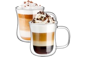 ecooe 240ml*2 Tazza Caffè Doppio Vetro Borosilicato,Bicchieri da Caffè a Doppia Parete con Manico,Tazzine Vetro Doppio per Tè,Caffè,Latte,Cappuccino,Espresso,Succo