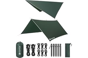 V VONTOX Tent Tarp Waterproof - Rain Tent Tarp Light Ripstop Fabric-10X10 Ft, PU3000mm-Anti-UV, 6 Aluminum Tent Stakes + 8 Guy Lines, for Camping, Travel, Outdoor, Hammocks (Dark Green)