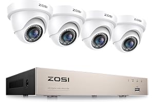 ZOSI H.265+ Kit Caméra de Surveillance avec 8CH 5MP Lite DVR, 4 Caméra de Sécurité Extérieure IP66, Vision Nocturne de 20m, Détection de Mouvement & Alerte par Email, App Gratuite