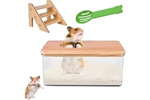Nizirioo Salle de bain de sable transparente pour hamsters, hamsters, avec échelle, couvercle en bois naturel et pelle, boîte de baignoire pour hamster, salle de bain pour hamster (carré)