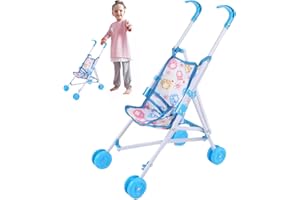 Veesper Baby Dolls Pram, Foldable Portable Doll Toy Pram with T-shaped Safety Belt & Push Handle Detachable Washable Baby Dolls Pushchair for Girls, Pretend Play, Blue