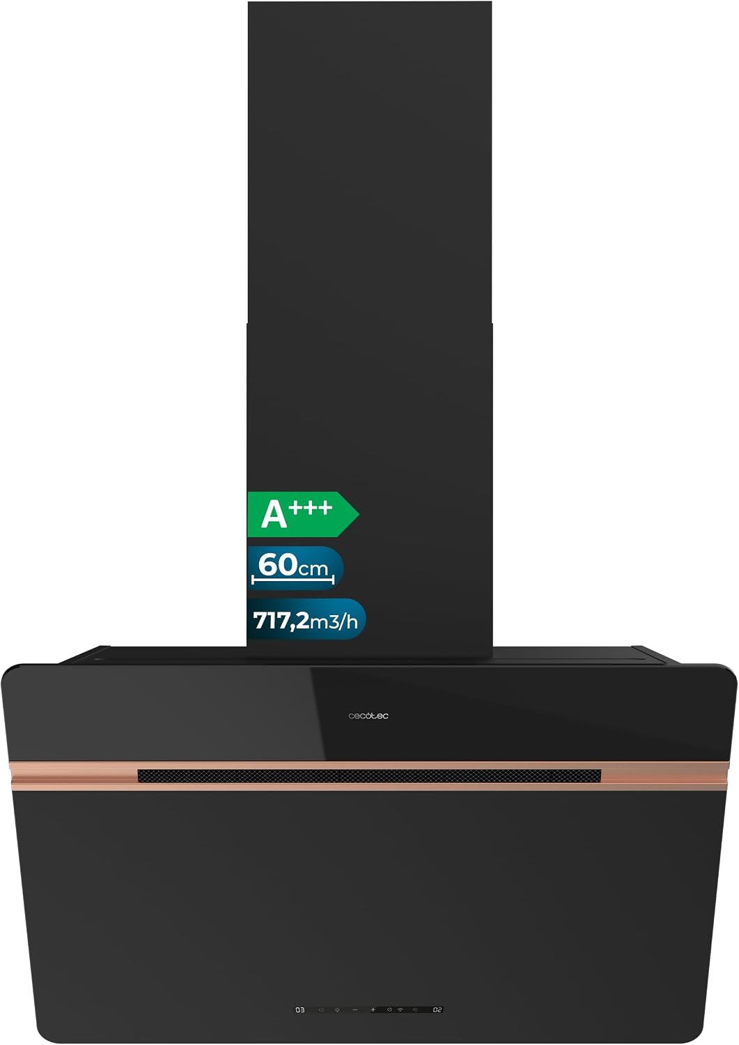 Cecotec Campana Extractora Decorativa 60 cm Bolero Flux DT 607500 Matt Black A+++. Cristal Mate y Brillante con Detalles en Cobre, Succión 717,2 m³/h, Función Booster, Filtros de Aluminio, Clase A+++