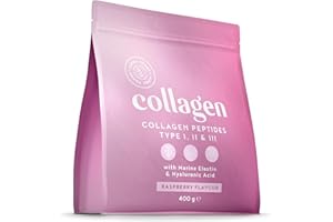 Collagene Poudre [400gr] | Collagen Peptides (Type I, II & III) | Élastine Marin + Acide Hyaluronique | Collagène Hydrolysé en Poudre | Goût Framboise | Alpha Foods