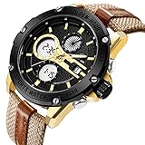 Herren Sport Analog Digital Uhren Outdoor Wasserdicht Big Gold straffen Fall Militär Braun Leder und Nylon-Riemen Armbanduhr