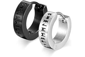 FLHEART Nordischer Wikinger Hoop Ohrring Herren - Amulett Schutz Schmuck Geschenke Edelstahl Herren Ohrstecker mit Nordic Elder Futhark Runen,Schwarz/Silber,1 Paar