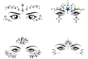 BRAVIKERLY 4 Pezzi Brillantini Adesivi di Gemme per Viso, Strass Viso Gemme Adesivi per Musica Festival Festa Vacanze, Viso Glitter Sticker Tatuaggio Temporaneo per Compleanno Carnevale