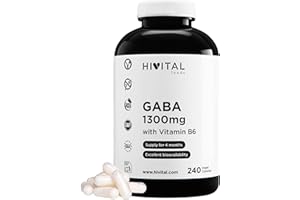 HIVITAL FOODS GABA 1300 mg avec Vitamine B6. 240 gélules végétaliennes pour 4 mois de traitement. Acide gamma aminobutyrique avec 3,5 microgrammes de vitamine B6. Fabriqué en Europe par HIVITAL