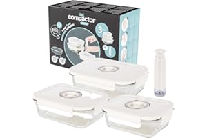 COMPACTOR Set di 3 contenitori sottovuoto per alimenti in vetro con coperchio ermetico, pompa manuale inclusa, datario integrato, adatti a microonde e lavastoviglie, freschezza prolungata
