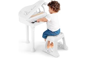 DREAMADE Clavier 31 Touches, Jouet Piano pour Enfants avec Tabouret, Instrument de Musique Mini Piano à Queue avec Microphone, Enseignement Guidé par La Lumière (Blanc 31 Touches)