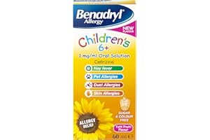 Benadryl Allergy Relief for Children 6+ Years (1 x 60ml), Tutti Frutti Flavour Syrup, Sugar & Colour Free with Cetirizine, Long-Lasting All-Day Relief