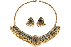 IMINI Ensemble De Bijoux De Mariage Indien Traditionnel Bohème Pour Femmes Et Filles Argent Antique Oxydé Collier Boucles d'Oreilles Pompon Bollywood Ras Du Cou Punk Cristal Cadeau Tendance