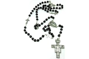 GTBITALY ROS02-6L Rosario Marrón Francesano con Tau 70 + 5 granos Cruz medalla crocera San fracesco y Escrita ruega por nosotros