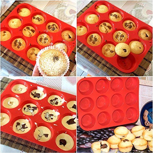 Philonext Silikon Muffinform, rote 12er Cupcake Backform / antihaftbeschichtet / spülmaschinenfest / mikrowellensicher - 5