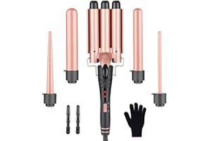 BIZCASA 5 in 1Curling Wand Iron,Interchangeable Ceramic Curling Tongs Iron Set,Mermaid Hair Curler with PTC Ceramic Barrels,Adjustable Temperature,Heat Resistant Glove,Hair Styling Tool for Long/Short Hair