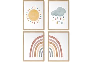 HappyArts® | Kinderzimmer Bilder A4 Poster 4er Set Deko Mädchen Junge Babyzimmer | Handgemalte Boho Sonne Regenbogen Wolke Wetter Elemente OHNE RAHMEN …