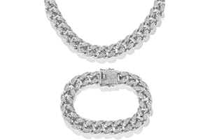 Bieiyhe 2 Pièces Grosse Chaine Cubaine Collier et Bracelet 12mm Chaine Hip Hop Diamant Homme Bijoux Chaine Maille Cubaine Iced Out Colliers Chaîne Cuban Link Chain for Men pour Hommes et Femmes