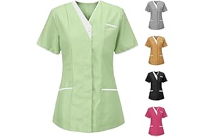 BATTNOT Kasacks Damen Pflege Günstig Einfarbig Kurzarm V-Ausschnitt T-Shirt Tops mit Taschen Schlupfhemd Arbeitsuniform Pflegebekleidung Kasack Krankenpfleger Uniform Pflegeheim Nurse Berufskleidung Tops