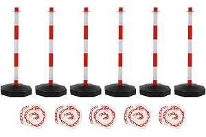 6 st trafikkoner trafikstoppar, kedjestolpar, 85 cm hög varningskonar trafikledstång med kedja och påfyllningsbar botten, röd och vit ledstolpe vägspärrstolpar