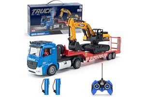 X-Verse 2,4 GHz veicolo con rimorchio telecomandato e giocattolo di escavatore, trattore stradale RC con suoni e luci. Adatto per veicoli da costruzione per ragazzi, 3 batterie (Blu)