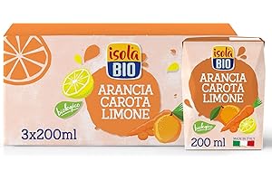 ISOLA BIO Succo di Frutta Biologico ACE, Arancia, Carota e Limone, 100% Ingredienti Naturali, Frutta Italiana in Mini Brik per Colazione e Merenda, Formato 3 confezioni da 200 ml