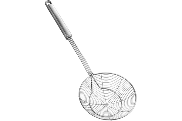 Écumoire en acier inoxydable avec poignée pour frire et servir les aliments, les pâtes, les spaghettis, les nouilles (diamètre : 14 cm. Longueur totale : 39 cm)