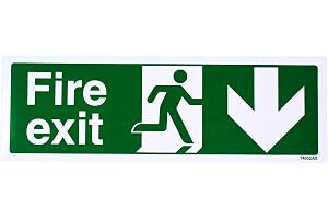 V Safety Fire Exit Arrow down-skylt – självhäftande vinylsäkerhetsskylt, landskap 300 × 100 mm – grön nödutgång skylt för dör