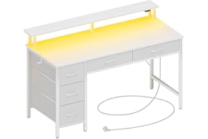 Seventable Computertisch mit Steckdosen & LED-Beleuchtung, 120cm Gaming Schreibtisch mit 5 Schubladen, Gaming Tisch mit Monitorständer, fürs Büro, Arbeitszimmer, Schlafzimmer, Wohnzimmer, Weiß