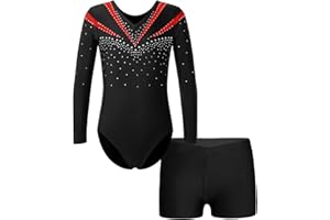 Runhomal Kinder Mädchen Metallic Gymnastikanzug Turnanzug Langarm Trikot Body mit Shorts Set Ballettbody Gymnastik Leotards Sportbody für Tanz Gym Workout