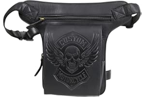 Biker benväska herr läder, motorcykel höftväska vintage, droppbenväska med lårrem, anpassad dödskalle design, Slät svart, Ein
