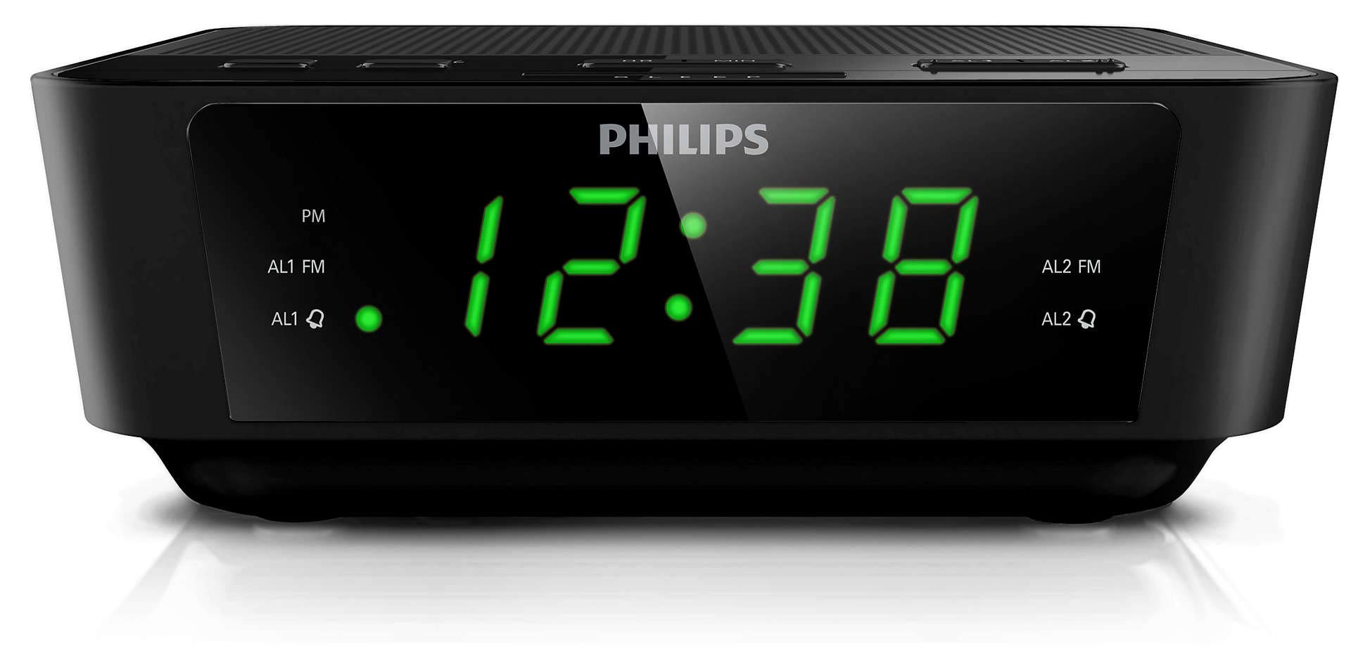 Philips Audio AJ3116 Wake-UP Music Theme Alarm Clock, FM Radio, Digital Tuner, Build-in Alarm, Dual Alarms, Sleep Timer, Battery Back-up During Power Failure - Black