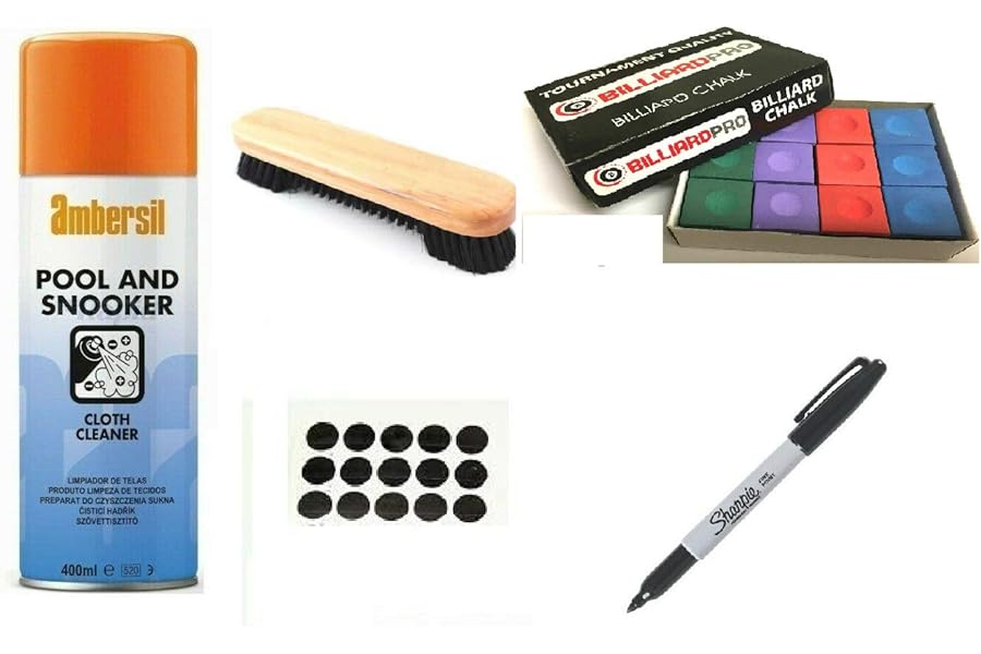 cueball16 CLEANING/VALET KIT For POOL/SNOOKER 6,7,8 ft TABLES, Includes BRUSH, CLOTH CLEANER, Spots, Pen, R.L.B.C. Sales Instruction Sheet, Box of 12 MIXED Chalks