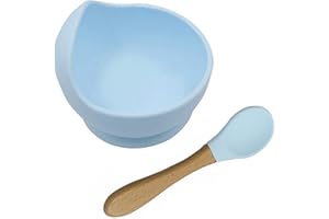 GRANTOP Baby Feeding Bowl and Spoon Set, Silicone Suction Base and Wooden Spoon Kit First Stage Self Training Feeding Sets for Toddler Kids (Blue)