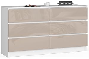 AKORD Cassettiera K 140 cm 6 (2 x 3) Cassetti | Moderna Mobiletto per Soggiorno Sala da Pranzo Camera da Letto | Armadio Cameretta | 138 x 77 x 40 cm | Peso 51kg | Cappuccino bianco/lucido