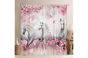 ZZTBQ Mädchen Weißes Pferd Verdunkelungsvorhang Mit Ösen, Frauen Rosa Blüte Blumen Blickdichte Vorhänge 220x215cm Für Jungen Mädchen Kinder Schlafzimmer