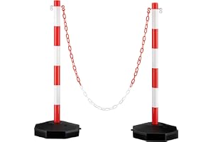 Wiltec 2x Plaststolpe med kedja 80 x 28 x 28 cm avspärrningsstolpe med 1,4 m kätting, röd-vidrandig stolpe, hinder för parkeringsplats