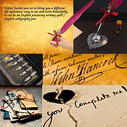 Pen Kit Gänsekiel Dip Pen Kit handgeschnitzt Feder Dip Pen Kit mit eleganten Carving Stift Ständer/Tinte Flasche/5 x Feder (schwarz/rot/grün) – rot - 3