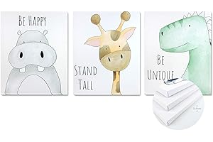 TIME HOME DEVELOPMENT Cuadros Infantiles de Lienzo Impreso con Bastidor para decoración Pared habitación Dormitorio niños - Pack tríptico 3 Cuadros con Bastidor Madera tamaño 40x50cm (Be Happy)