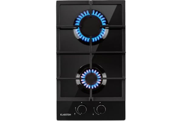 Klarstein Ignito Domino Gasspis - Inbyggd, sabaf brännare, Naturlig/Propangas, Säkerhetsventiler, Automatisk Avstängning, Gjutjärnspanna, Keramiskt glas, Svart, 2 Plattor