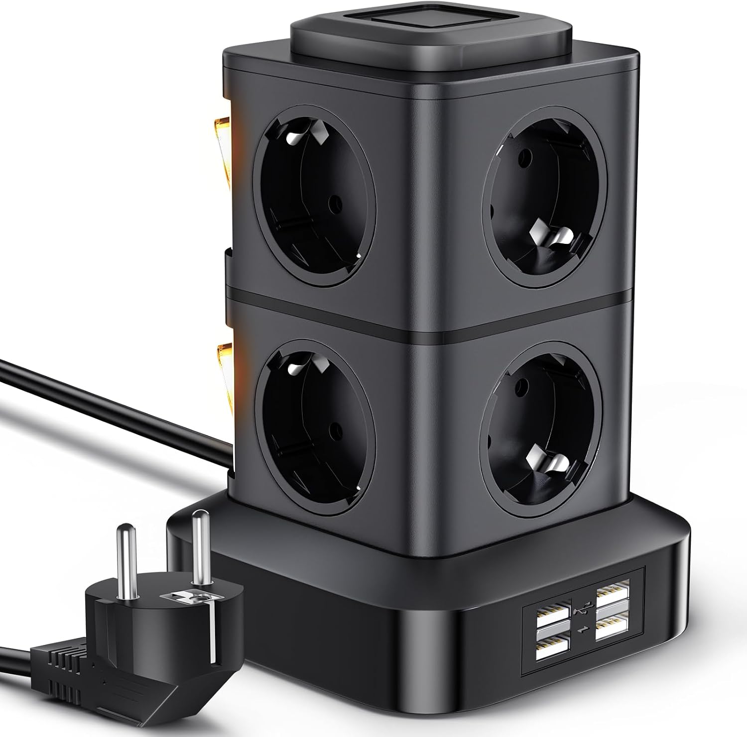 AOKBON Torre Regletas Enchufes 8 Tomas de AC y 4 Regleta USB Enchufe Multiple 2500W/10A Regletas Vertical 3 Metro Regleta Enchufes Proteccion Sobretension con Interruptor para Casa,Mesa, Oficina
