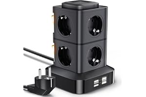 OLEKE Regleta Vertical Enchufes 2500W/10A Regleta Enchufe con 8 Tomas Corrientes y 4 Rápida USB Tomas Protección de Sobrecarga Cable de extensión de 3 Metros y Tapón de Seguridad