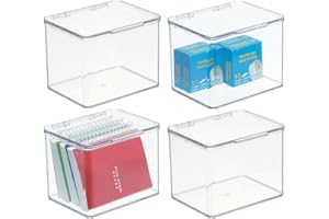 mDesign pudełko do przechowywania na biurko, pojemnik do przechowywania z plastikową pokrywą, 14,0 cm x 16,8 cm x 12,7 cm, mały plastikowy pojemnik na długopisy i materiały biurowe, zestaw 4 szt.,