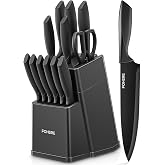 FOHERE Kitchen Knives Set with Integrated Sharpener, 13 Pieces Black Non-Stick Coating, Kitchen Knives with Ergonomic Handle