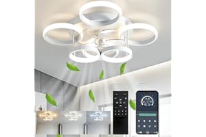 QIAOMAO Dimmable Ventilateur Plafond Silencieux,30W Plafonnier Ventilateur de Plafond,Plafonnier Ventilateur Design à 6 Anneaux Avec Télécommande et APP Timing,Réglage du vent Réversible à 6 Vitesses(Blanc)