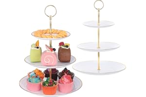 TsunNee - Juego de 2 exhibiciones para tartas de 3 plantas para cupcakes, platos de postre, pasteles, frutas, galletas, dulces, bandeja de servir de pisos para Navidad, boda