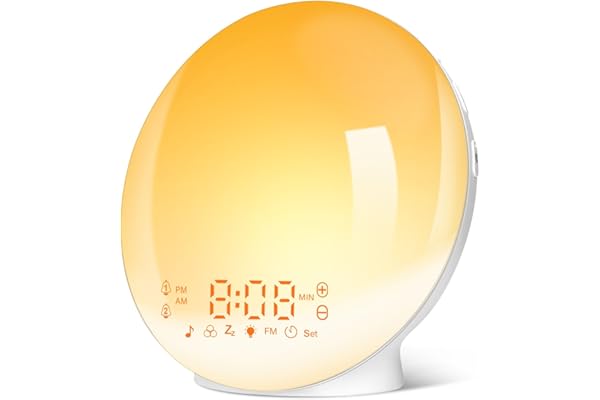 Despertador Luz, Wake Up Light LED Simulación de Amanecer y Atardece, 2 Alarmas, 20 Niveles Brillo, 7 Luces de Colores 7 Sonidos Naturales, Función Snooze, Radio FM, Infantil