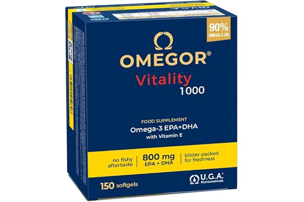 Omegor Vitality 1000 - Supplément avec 1000 mg d'oméga 3 - vitamine E - Pour votre cœur et votre cerveau - Concentration d'oméga 3 à 90% - 5-Star Certificat IFOS - Huile de poisson pure - 150 gélules