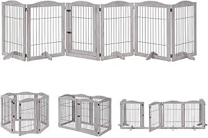 unipaws Extra Wide Hallway Dog Gate, Freestanding Tall Dog Gate, 6 Panels Pet Gate with 5 Support Feet, Wooden Foldable Stairs Barrier (Fits 203cm-330cm, Weathered Grey)