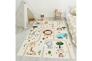 Nazar Tapis Chambre Enfant, Tapis Bébé, Tapis Enfant pour Fille et garçon à Motifs Dinosaure, Carte du Monde et Animaux (739 Beige, 120x160 cm)