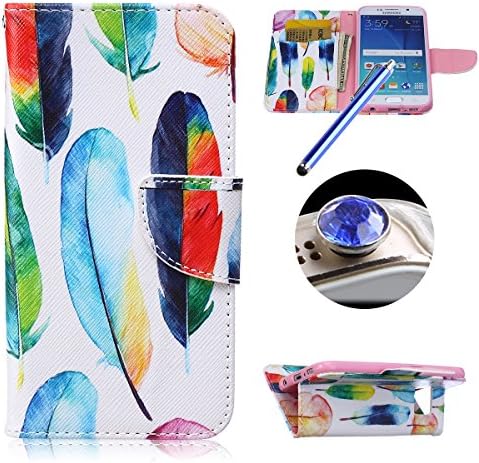 Etche Case for Samsung Galaxy Note 5,Leather Case for Samsung Galaxy Note 5,Wallet Case for Samsung Galaxy Note 5,Pretty Colorful Feather Design Book Type Wallet Case with Card Holder for Samsung Galaxy Note 5 with Blue Stylus Pen and Bling Glitter Diamond Dust Plug Colors Random-Colorful Feather